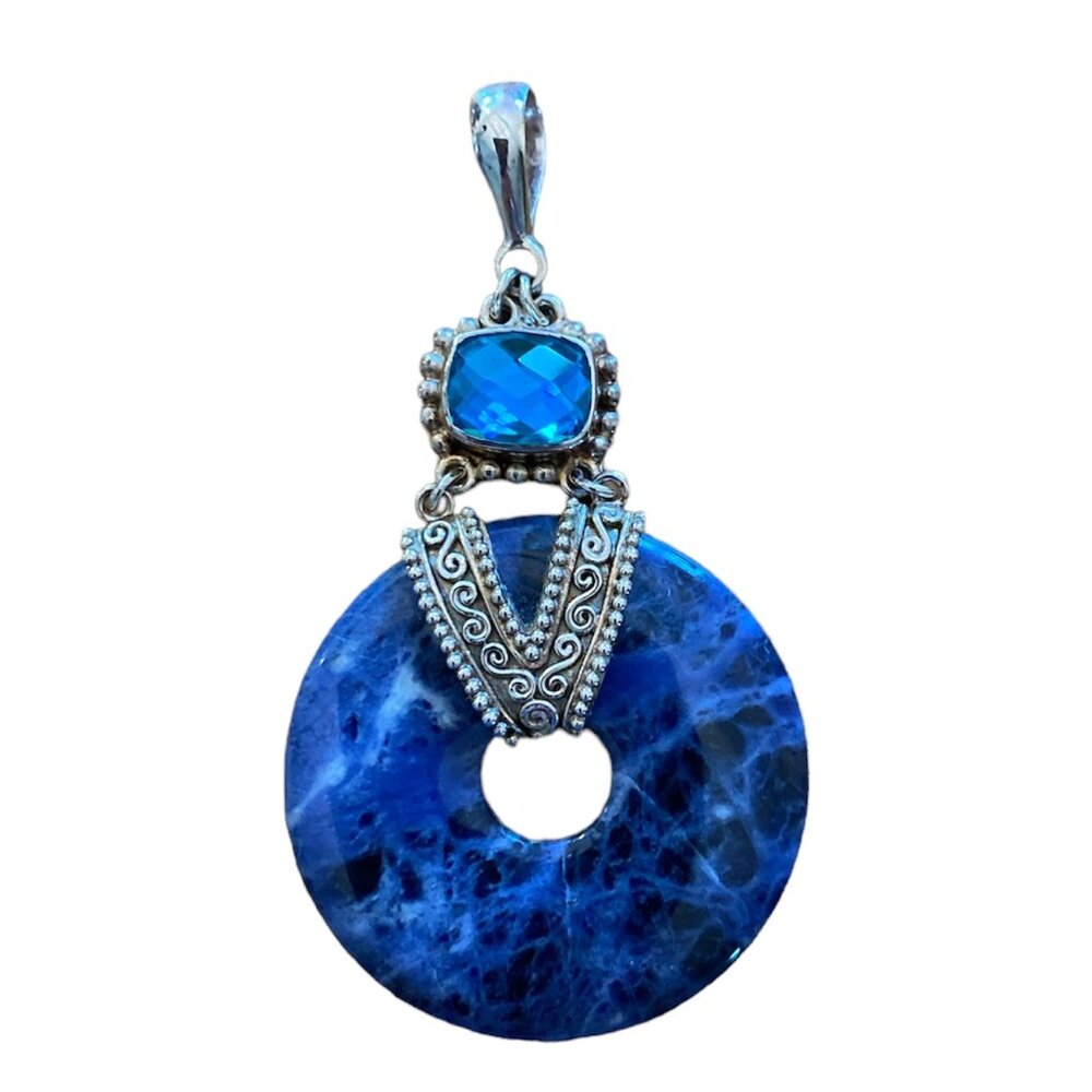 Large Lapis and Blue Topaz Slide set in 925 Sterling (NOTE:  NO CHAIN)